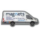 Transit van shaped indoor magnet with full color logo and contact details, 4.26x1.85 inches, made in the USA

